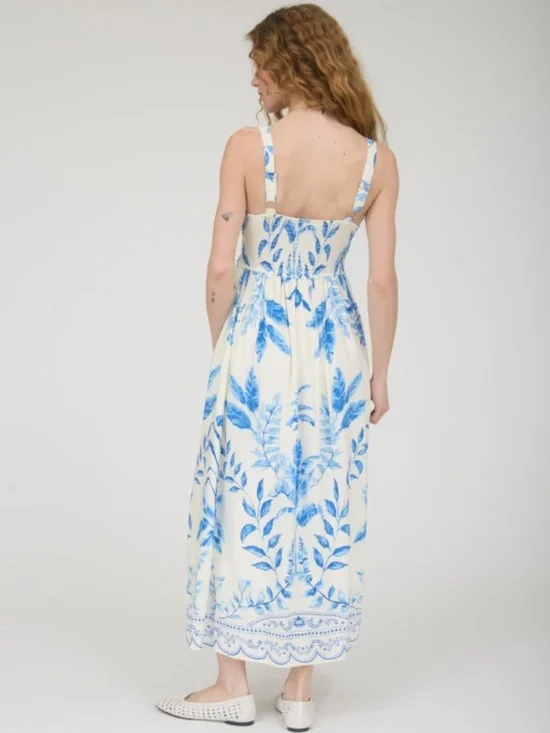 Leaf Print Scallop Detail Sleeveless Midi Dress - Picture 2 of 4